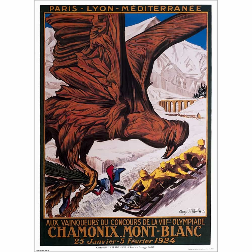 Vintage poster showing a large eagle above skiers on a snowy mountain slope