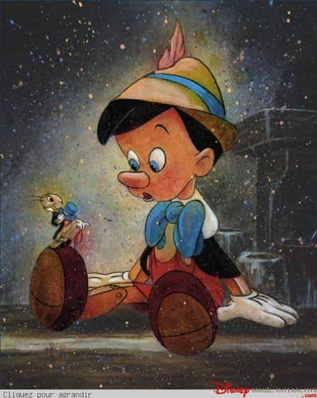 Illustrated Pinocchio sitting in the rain holding a small figure in a dark background