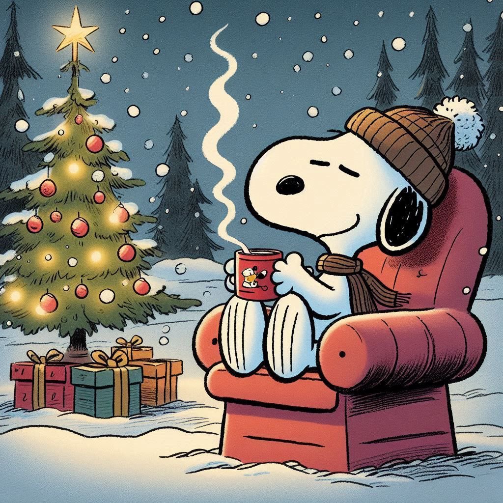 Snoopy in winter hat holding mug by Christmas tree in armchair with snow and gifts