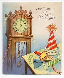 Vintage New Year card with grandfather clock at midnight and festive party horn