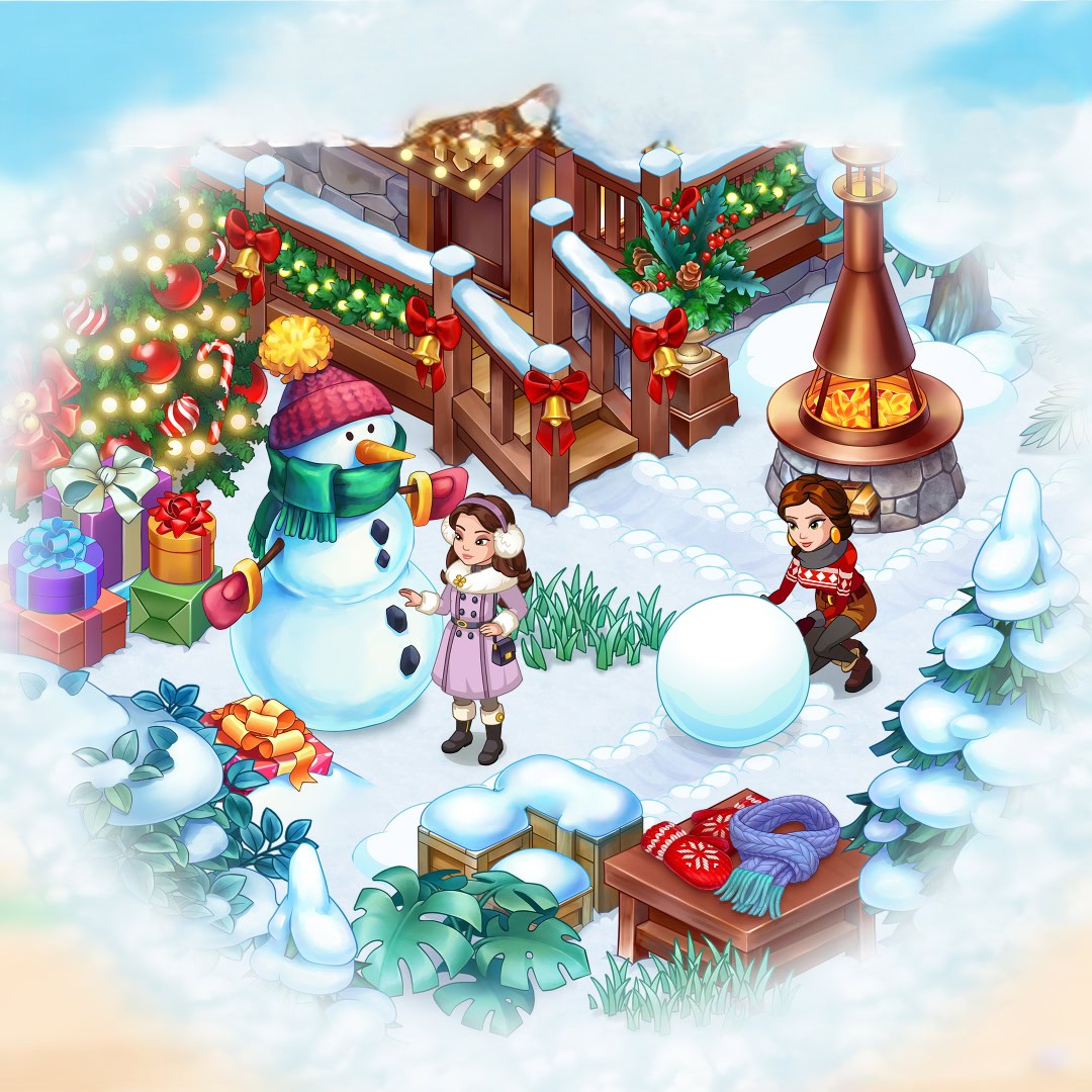 Cartoon winter holiday scene with snowman, decorated house, Christmas tree, and people in snow