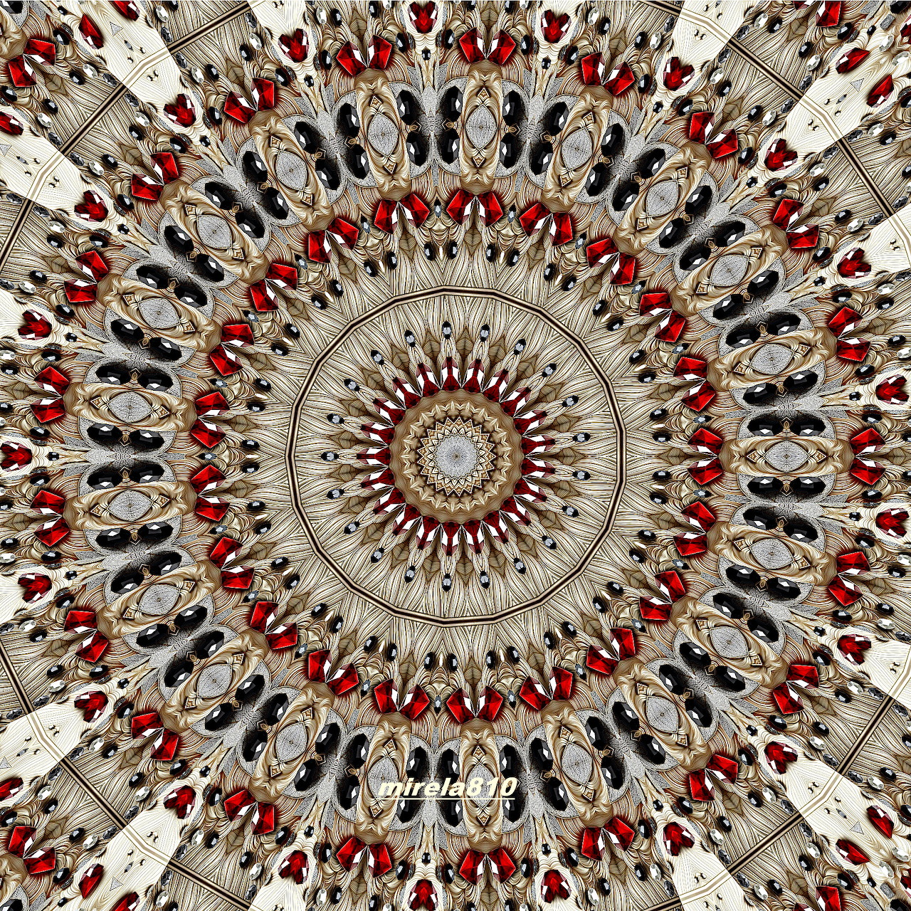 Detailed symmetrical mandala with ornate geometric patterns in red, black and cream colors radiating from center