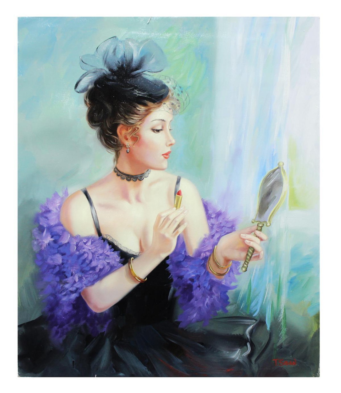 Painting of a woman in a black dress and purple shawl holding a hand mirror