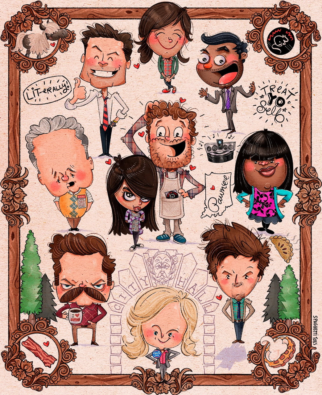 Cartoon illustration of Parks and Recreation characters in an ornate decorative frame