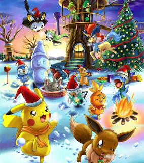 Pokemon characters in festive winter scene with Christmas tree and snow