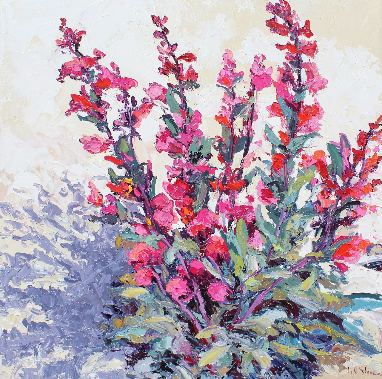 Impressionist painting of bright pink wildflowers with purple leaves in a desert setting