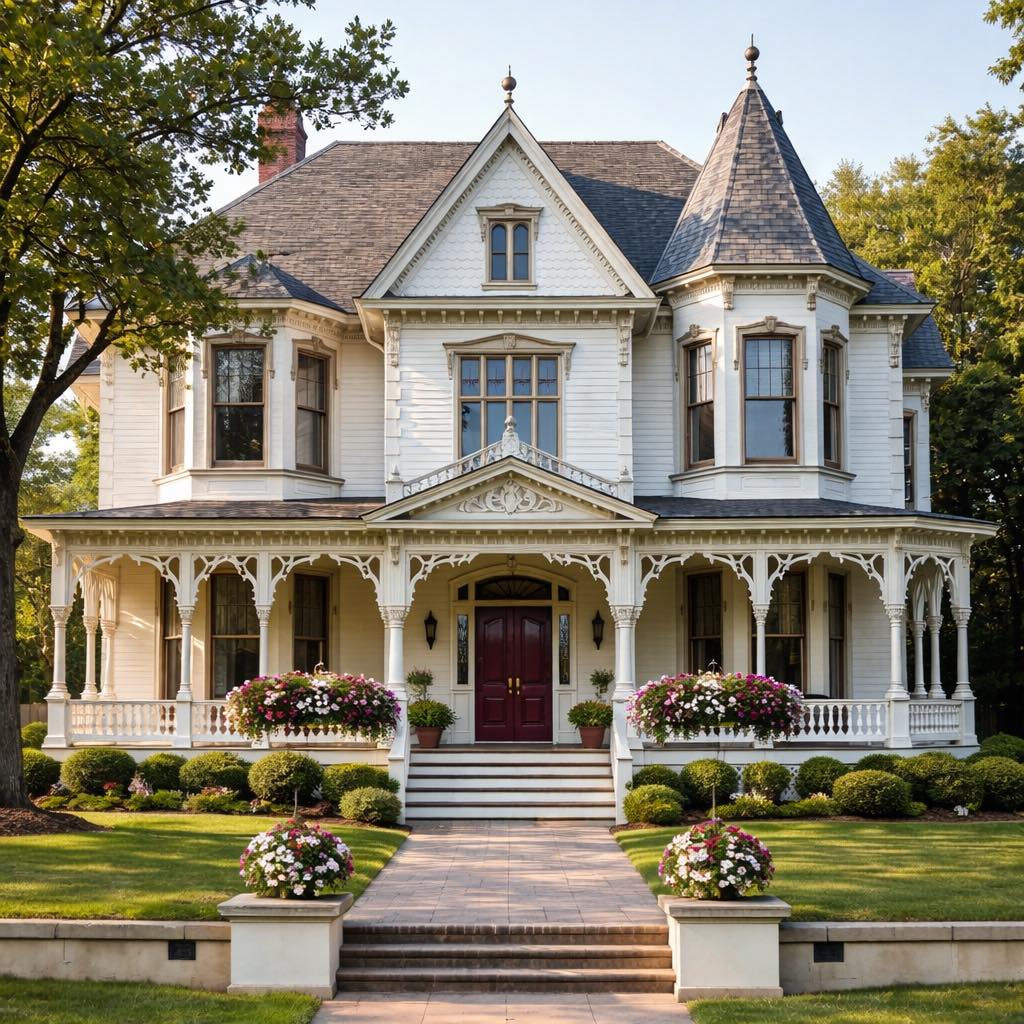 White Victorian house with wraparound porch, red front door, steps, and landscaped garden