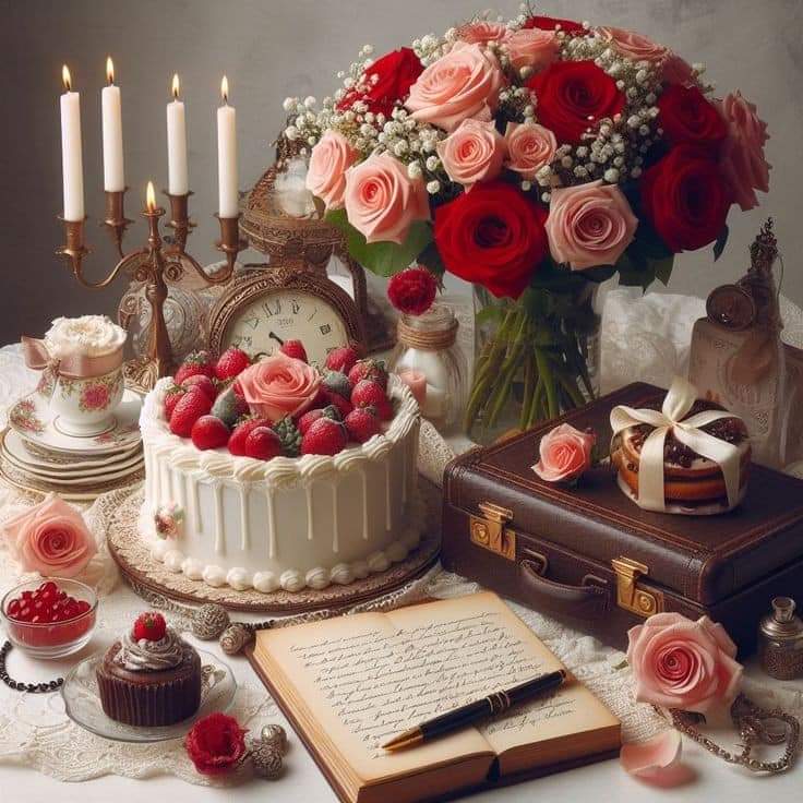 Elegant dessert table with white cake, red and pink roses, candles, open book, and vintage accessories