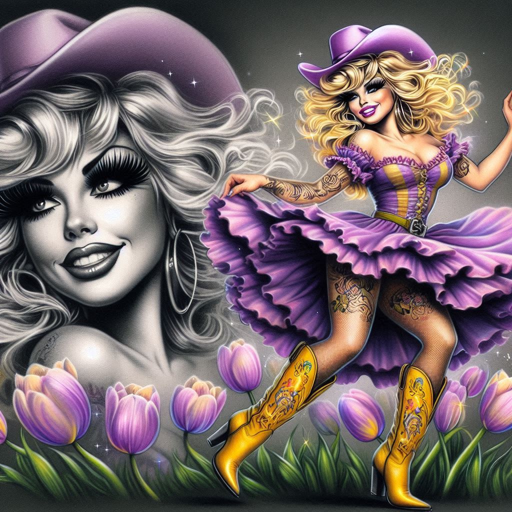 Fantasy illustration of women with flowing hair, purple dress, and tulips in glamorous art style