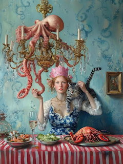 Woman in blue gown at feast table with octopus chandelier above and gray cat beside her in decorative room