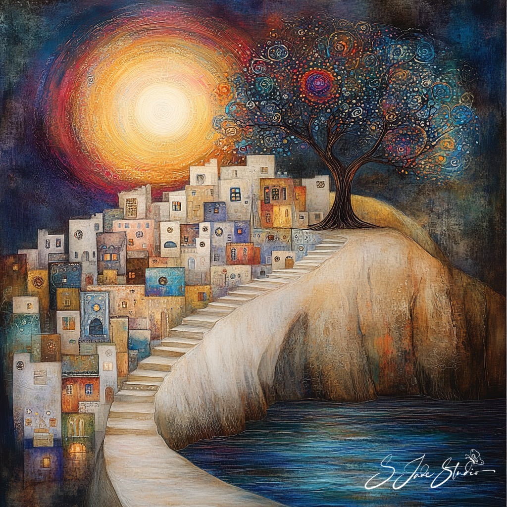 Naive art painting of cubist village houses on hill with tree, sun, and water