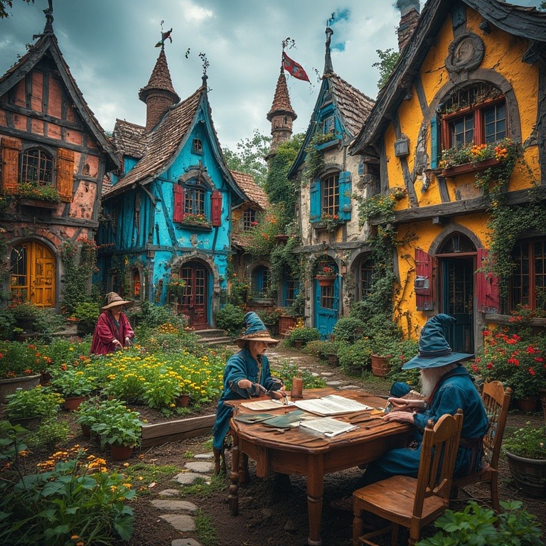 Two wizards at a table in a courtyard surrounded by colorful fantasy cottages and greenery