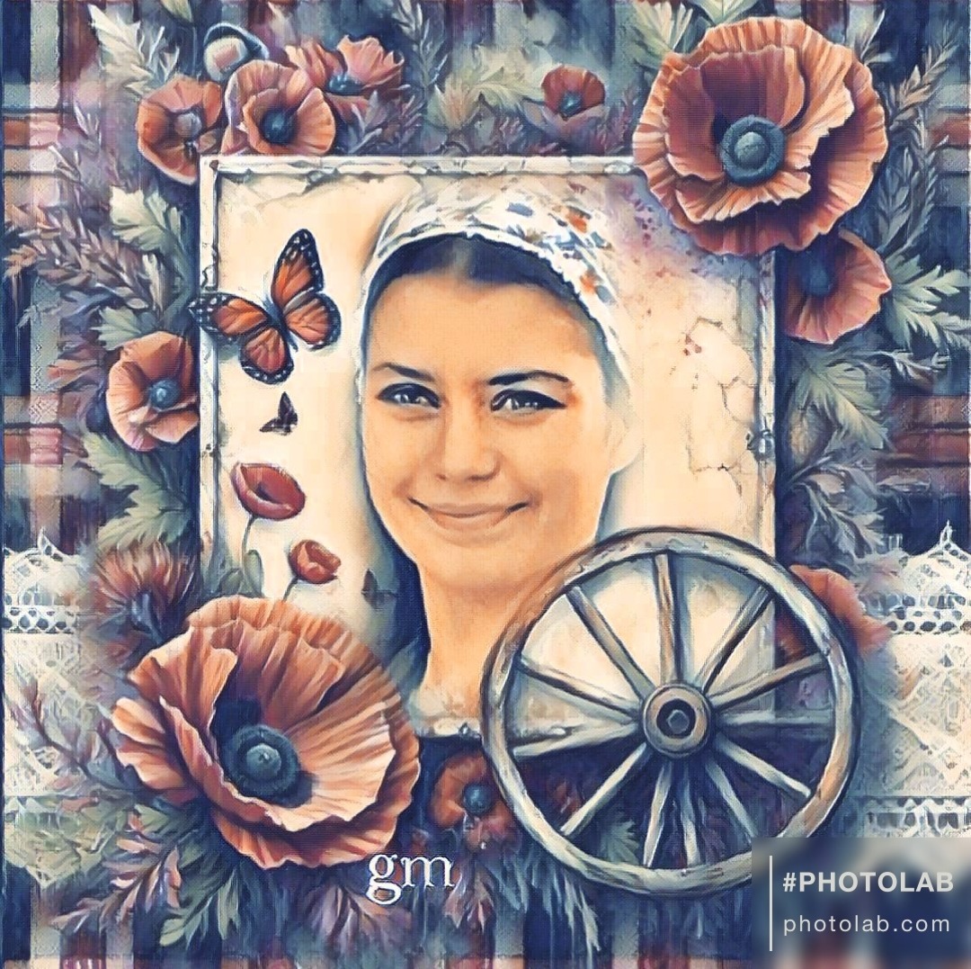 Smiling woman in white headscarf framed by orange poppies, butterflies, and wooden wagon wheel