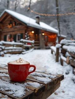 Red coffee mug with cream on snow-covered table, warm cabin glowing behind in winter scene