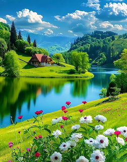 Cottage by a lake with green hills, flowers in foreground, and blue sky with clouds