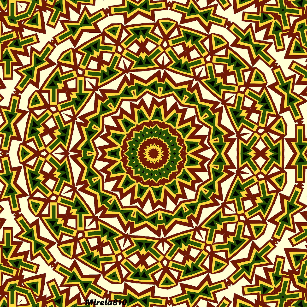 Detailed circular mandala with green, gold and cream geometric patterns radiating from center
