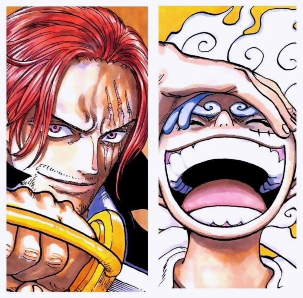 Split anime image of two One Piece characters, a red-haired man and a laughing boy