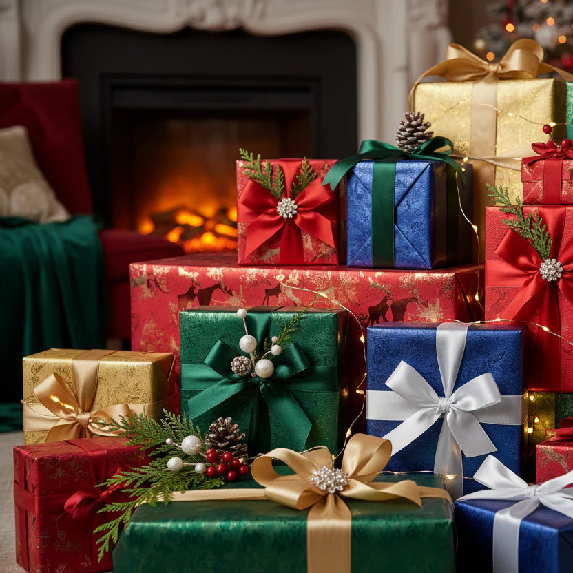 Colorful wrapped Christmas gifts stacked beside a lit fireplace