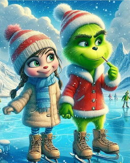 Cartoon girl in winter clothes and the Grinch in a Santa outfit ice skating on a frozen lake