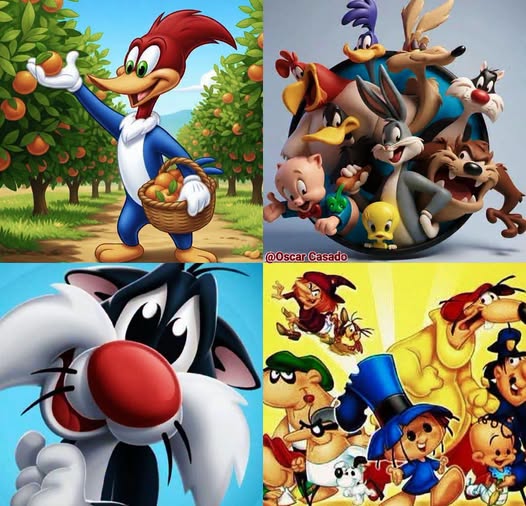 Four-panel collage of Woody Woodpecker cartoon scenes with various animated characters
