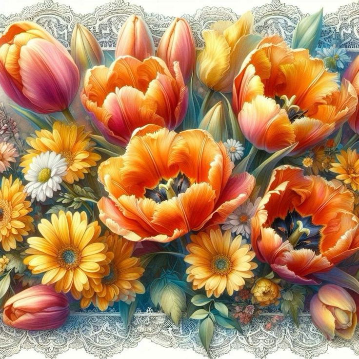 Detailed floral artwork with orange tulips, yellow daisies, and pastel flower buds