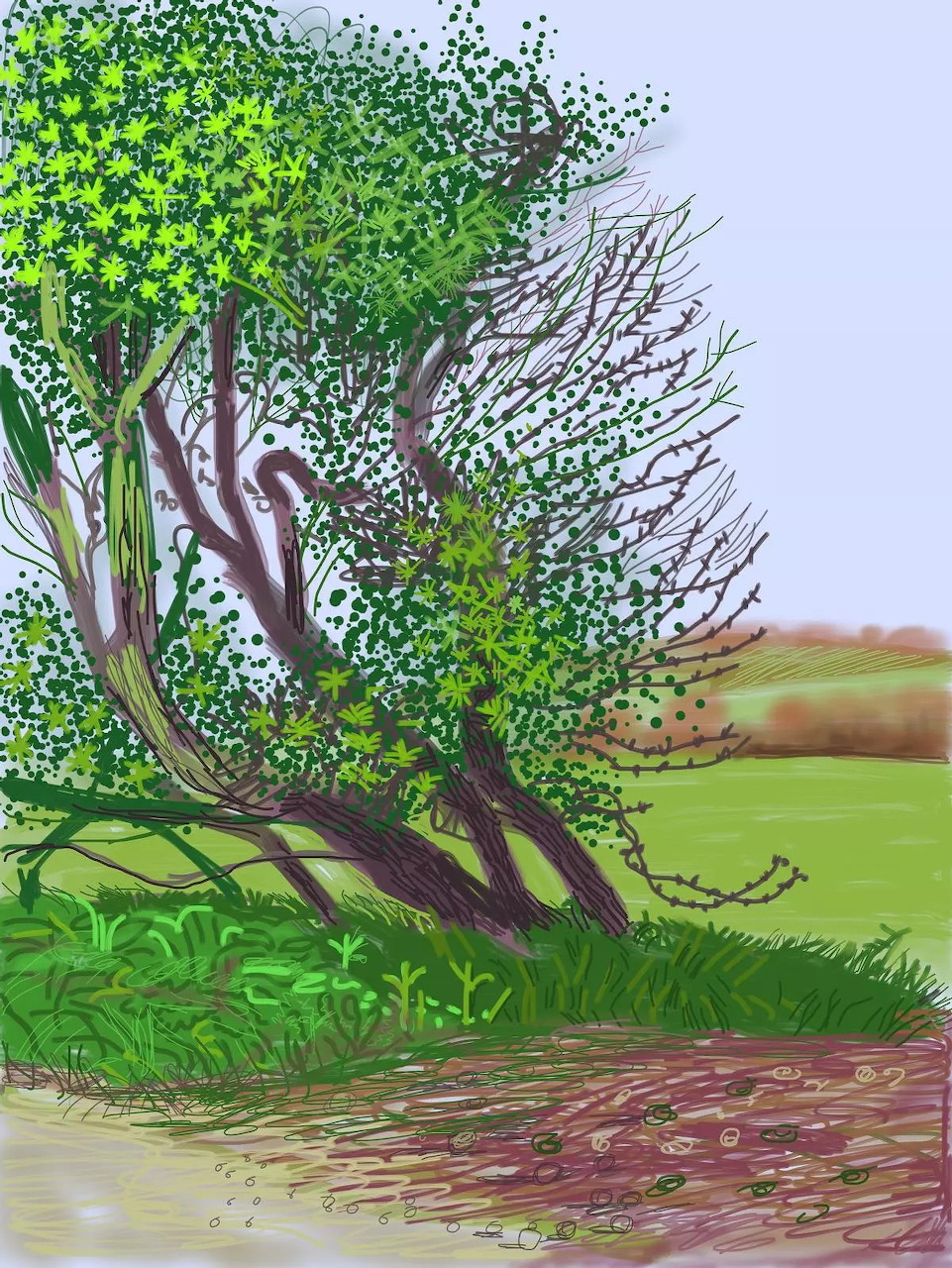 Digital painting of leafy spring trees beside a rural path in East Yorkshire countryside
