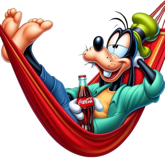 Goofy cartoon character lying in red hammock with drink bottle