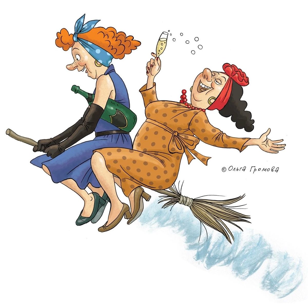 Two illustrated witches riding a broomstick through the air with sparkles trailing behind