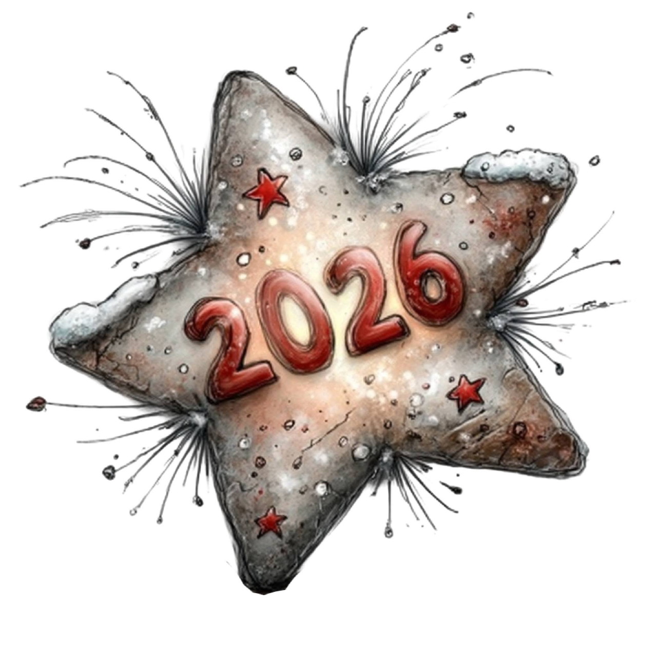 Star-shaped festive illustration with 2026 in red and small red stars