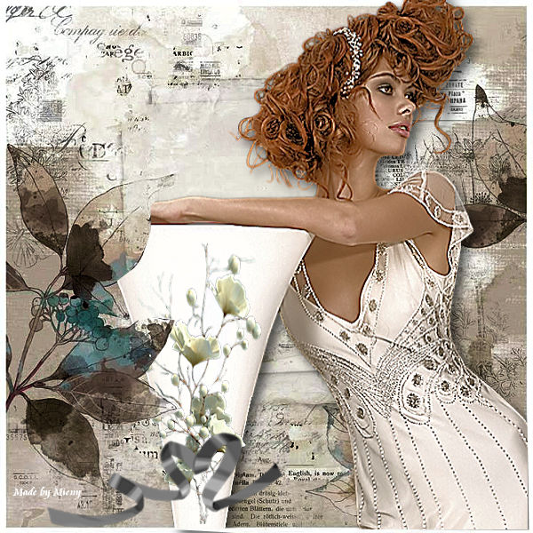 Woman in white dress with red hair, butterflies and flowers in vintage collage style