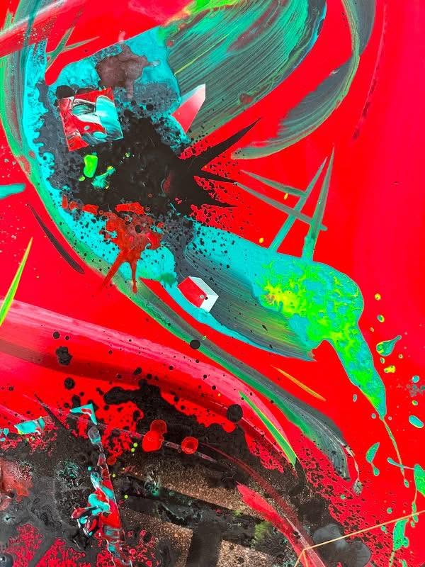 Abstract painting with bold red background, teal and green brushstrokes, black splatter patterns and dynamic fluid forms