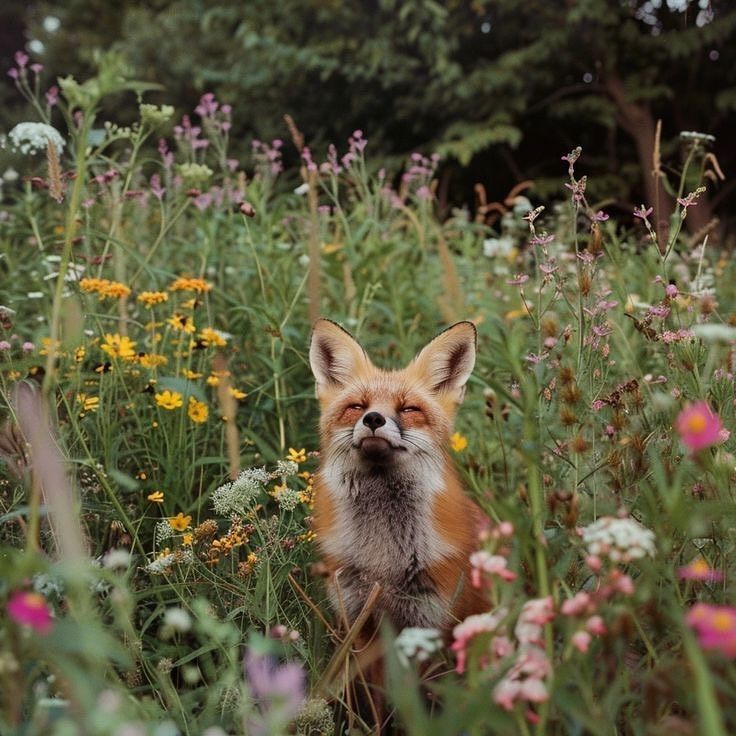 Red fox sitting in wildflower meadow with yellow and pink flowers