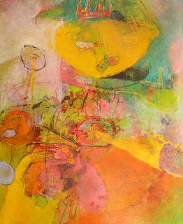 Abstract painting with yellow circle, pink and orange shapes, green accents, layered textures and loose gestural lines