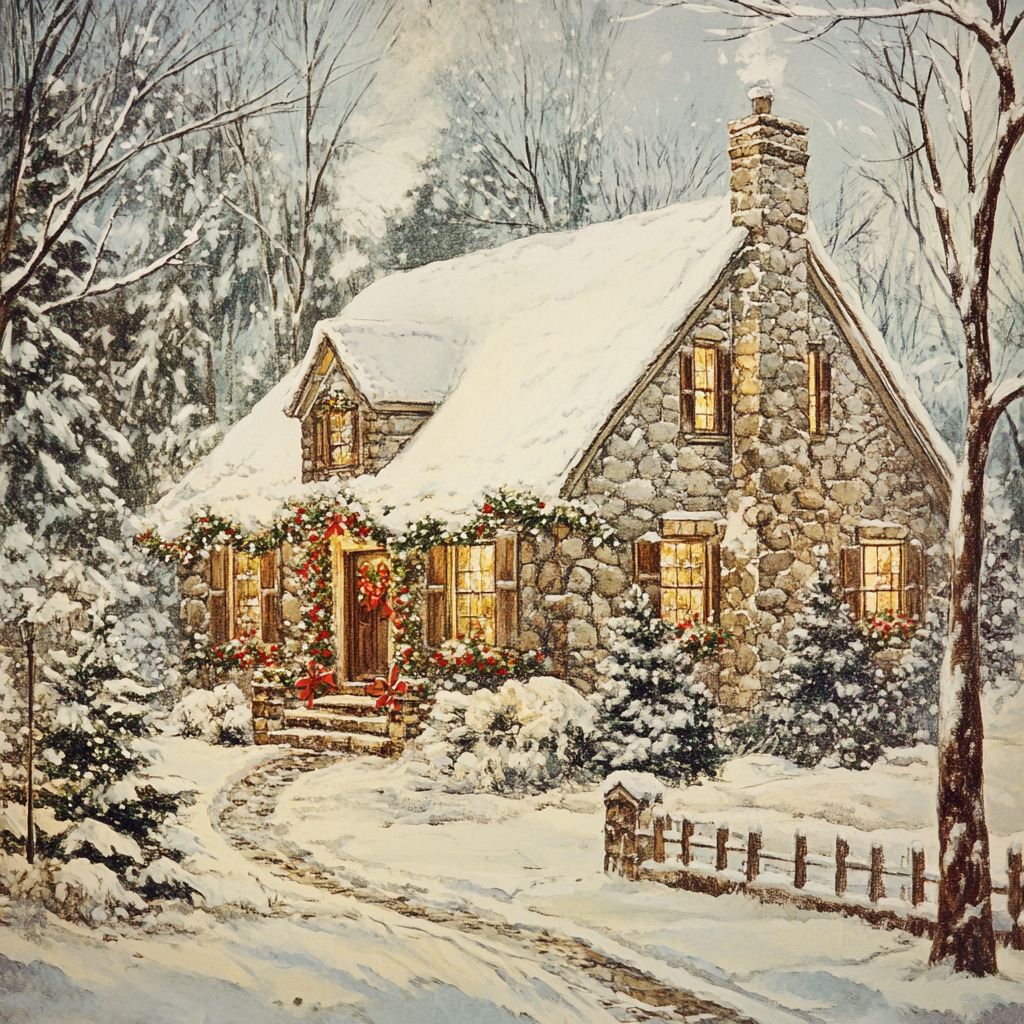 Stone cottage with lit windows in snowy winter landscape with Christmas decorations and bare trees