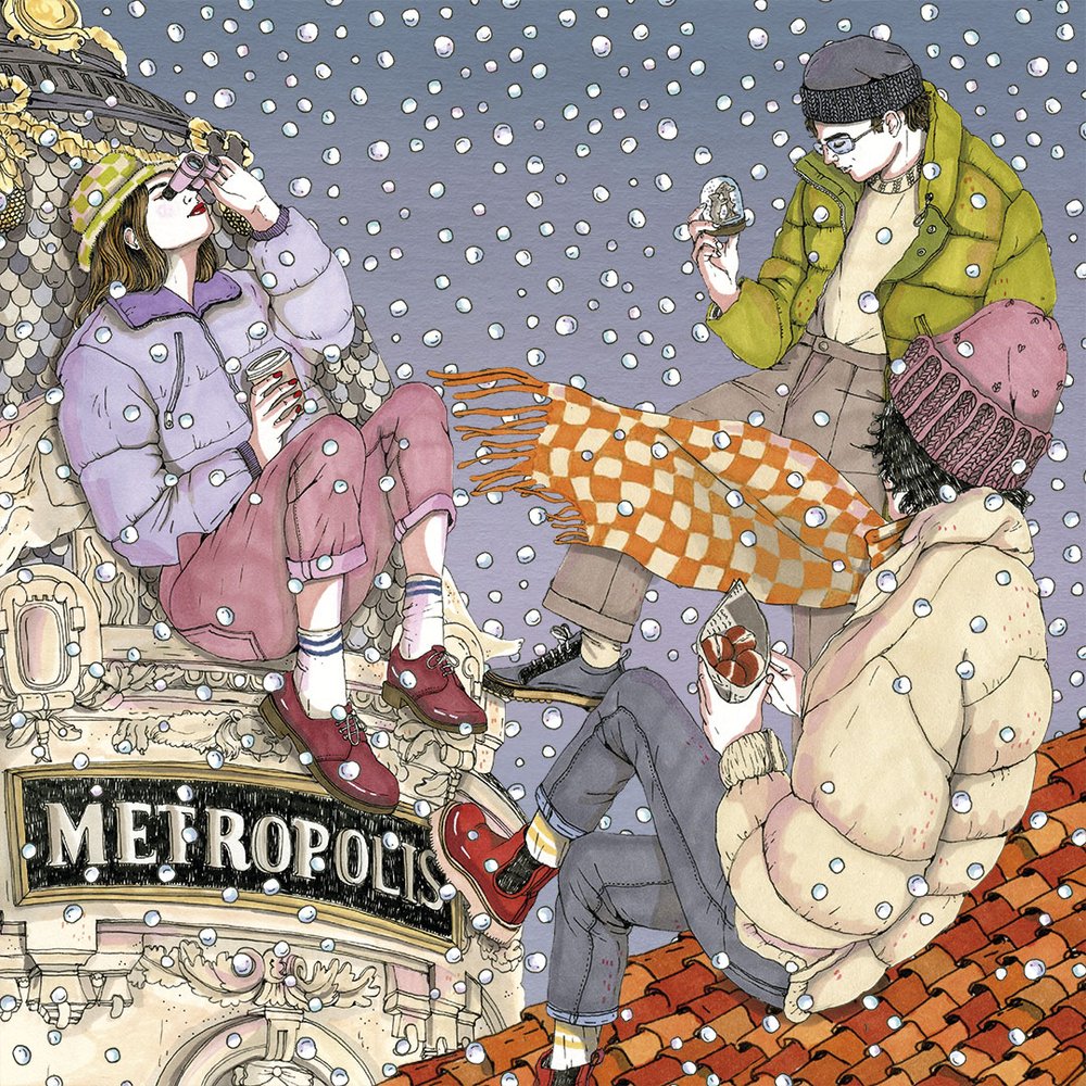 Illustrated snowy scene with people at metro station entrance in winter clothing