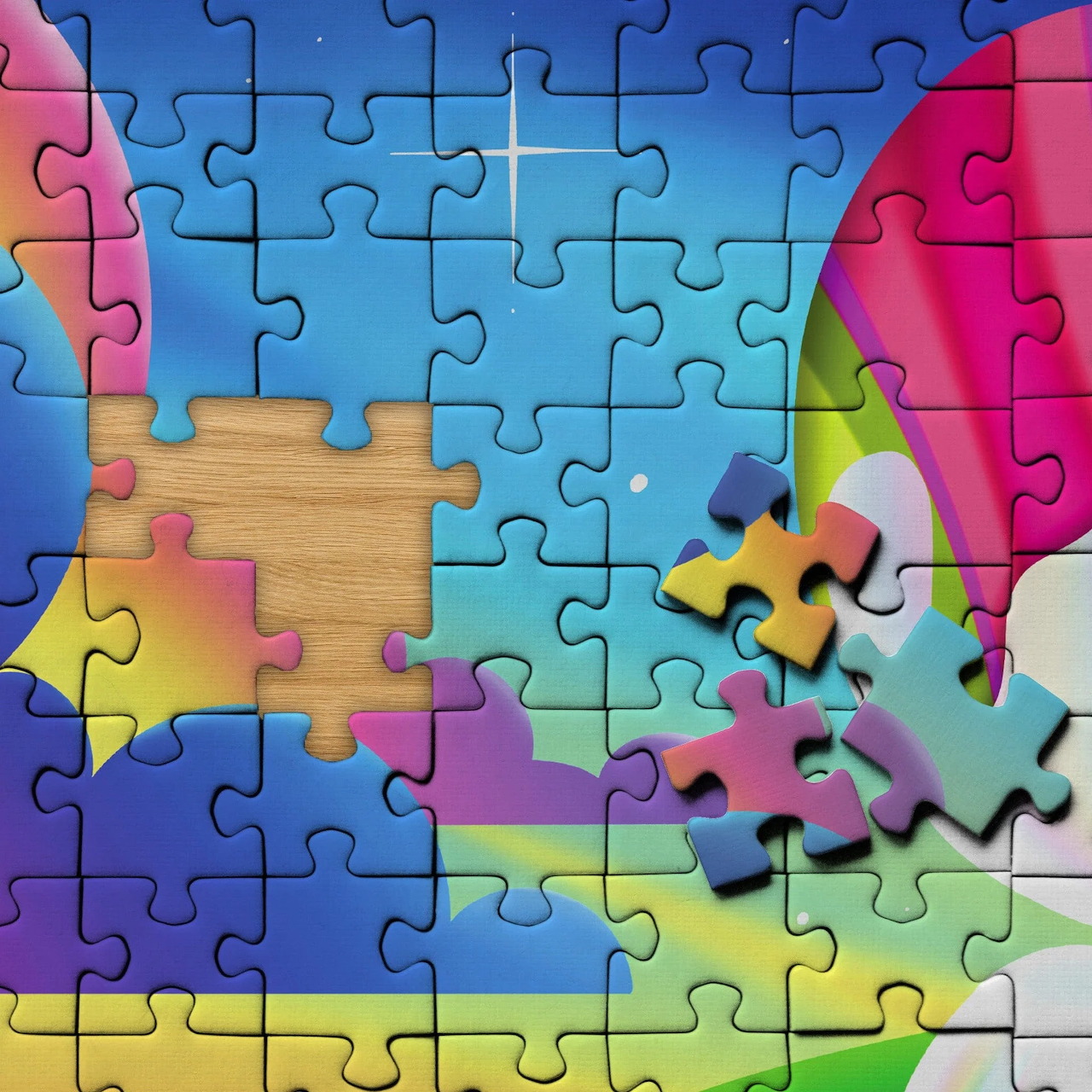 Colorful jigsaw puzzle pieces arranged in a gradient pattern with interlocking tabs