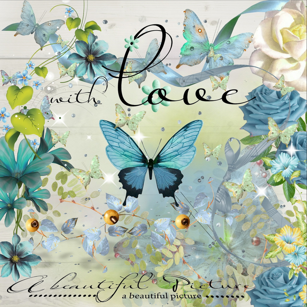 Blue butterflies surround white and blue roses with love calligraphy and heart decorations on watercolor background