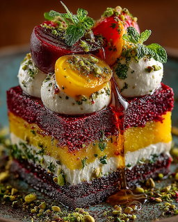 Stacked layered dessert with colorful cake, cream, berries and mint on brown background