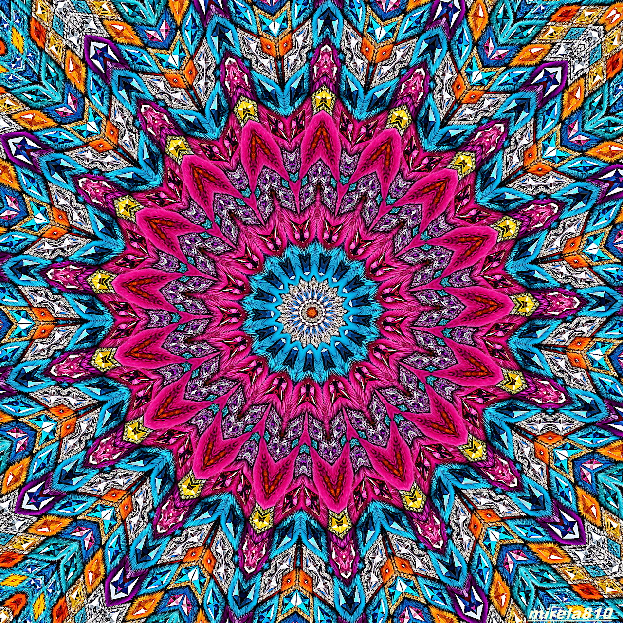 Colorful mandala with pink floral center, turquoise core, and blue-orange geometric patterns in radial symmetry