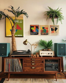 Mid-century wooden credenza with turntable, amplifier, vinyl records, green speakers, and colorful wall art