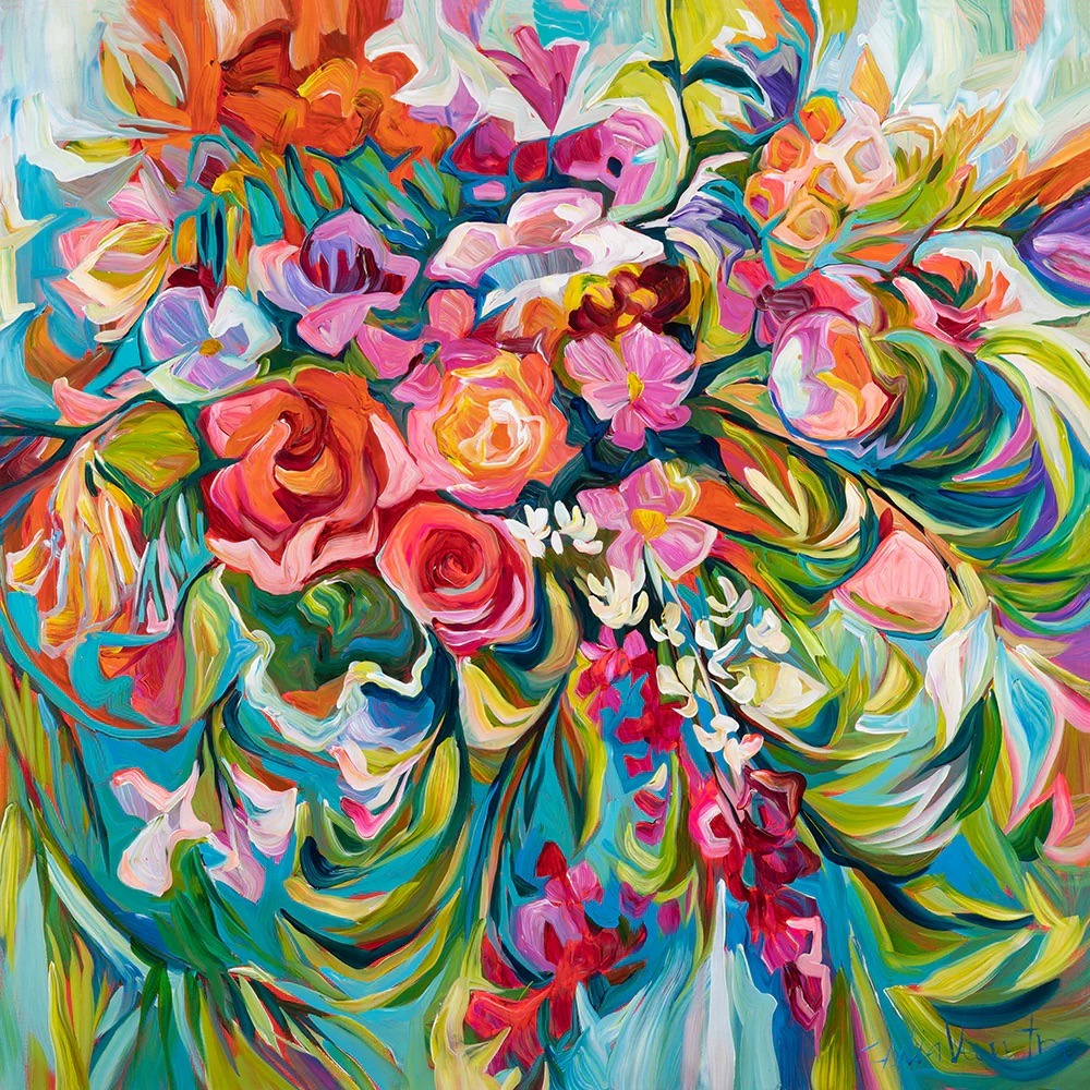 Abstract acrylic painting of colorful poppies and flowers with dynamic swirling brushstrokes in vibrant colors