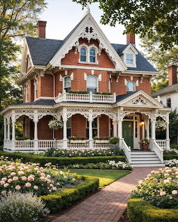 Red brick Victorian mansion with white decorative trim, porches, and landscaped garden