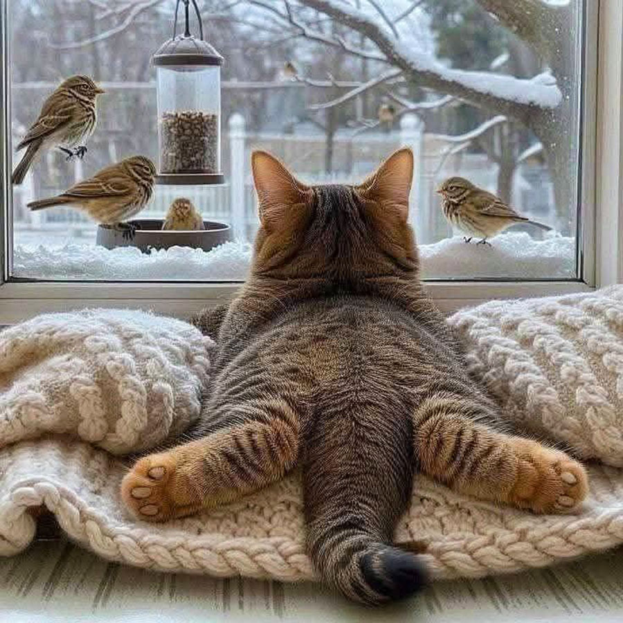 Tabby cat lying on a blanket at a window, watching birds at a feeder in a snowy scene