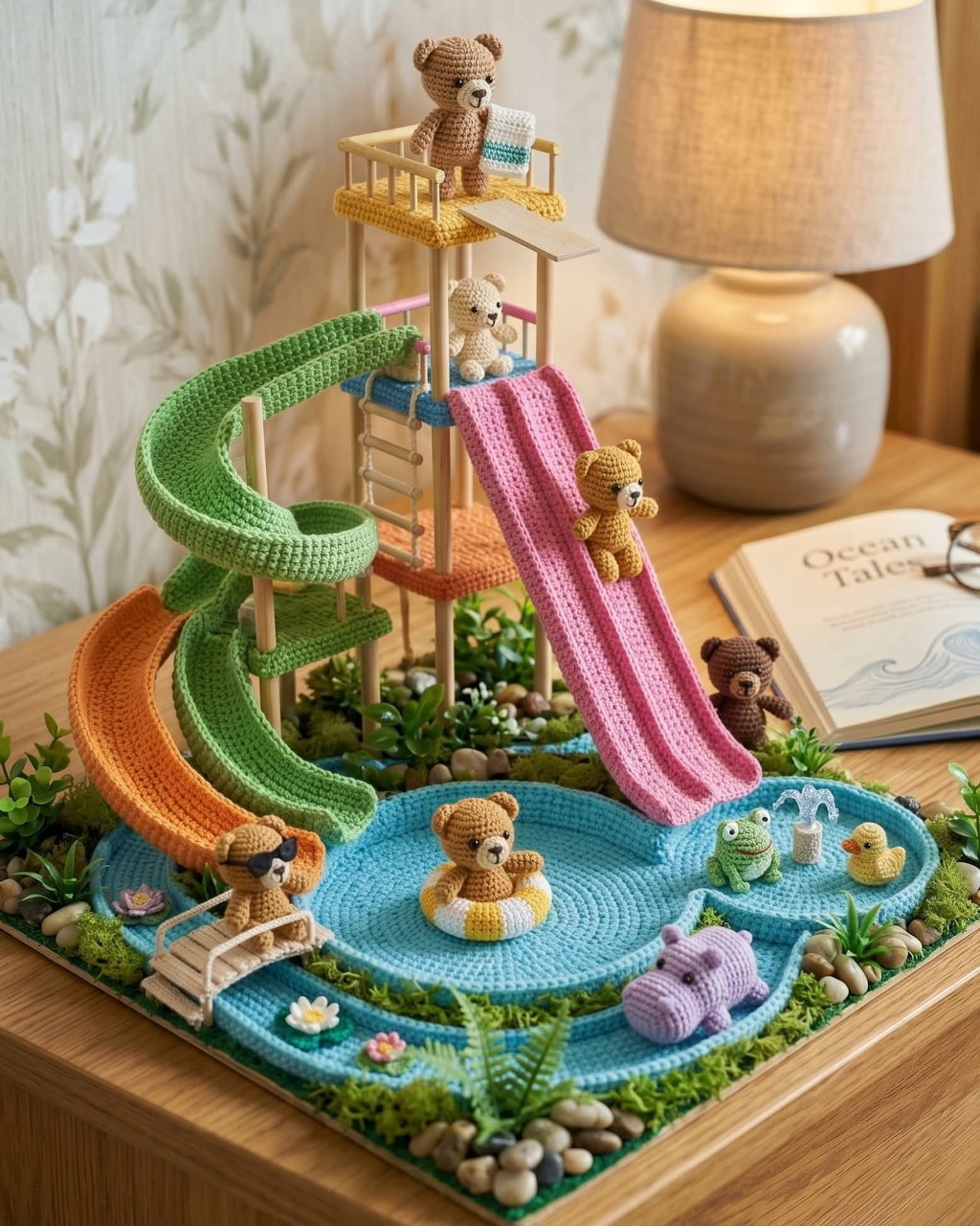 Miniature crochet water park with teddy bears on pink and green slides and a blue pool