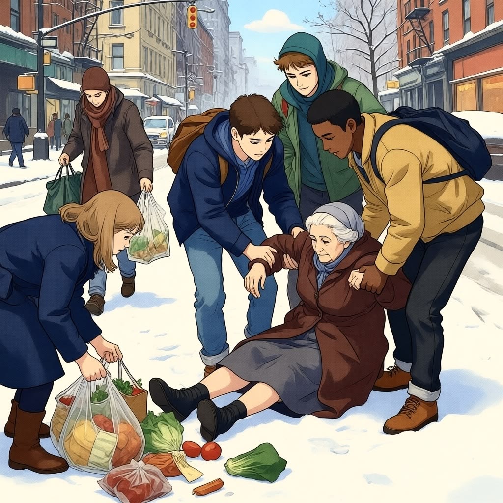 Illustration of people helping an elderly woman after a fall on a snowy sidewalk with groceries spilled