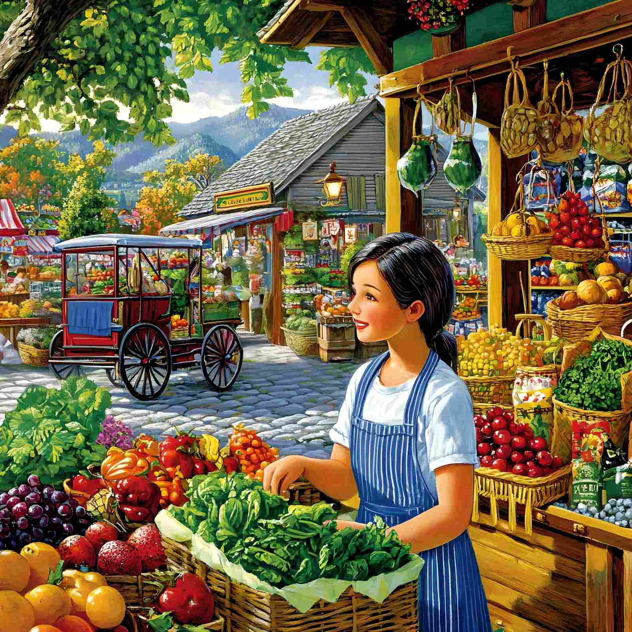 Woman in blue apron at outdoor farmer's market stall with fresh fruits and vegetables
