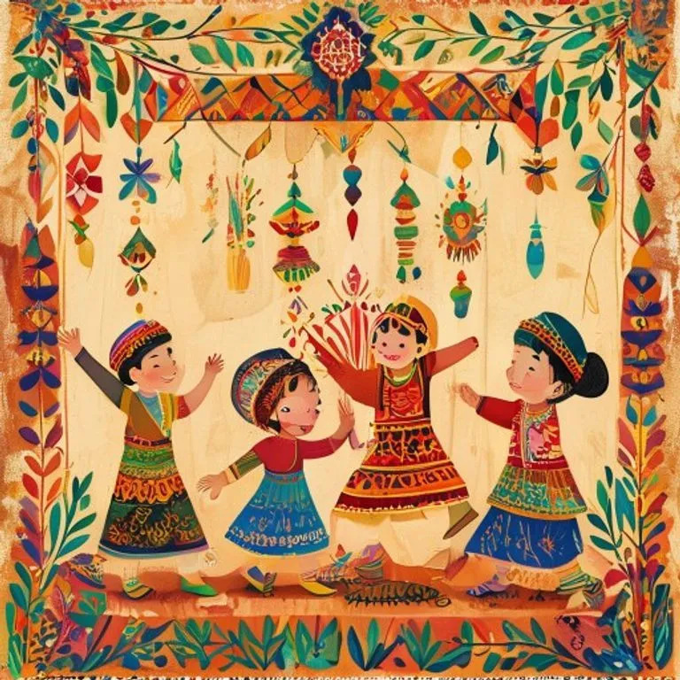 Illustration of four children in traditional Turkish folk dress dancing in a colorful floral frame