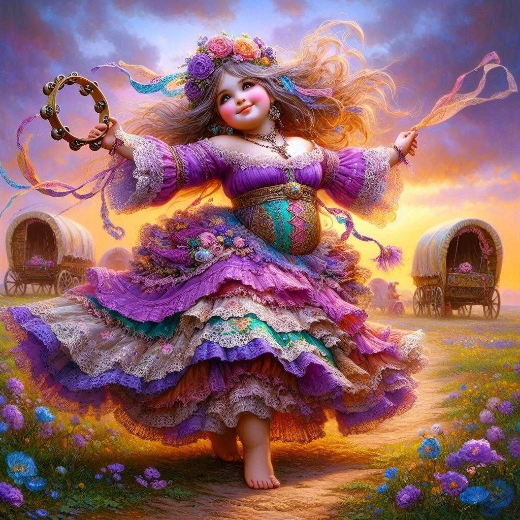 Fantasy girl in a layered purple dress dancing at sunset with ribbons, flowers, and wagons