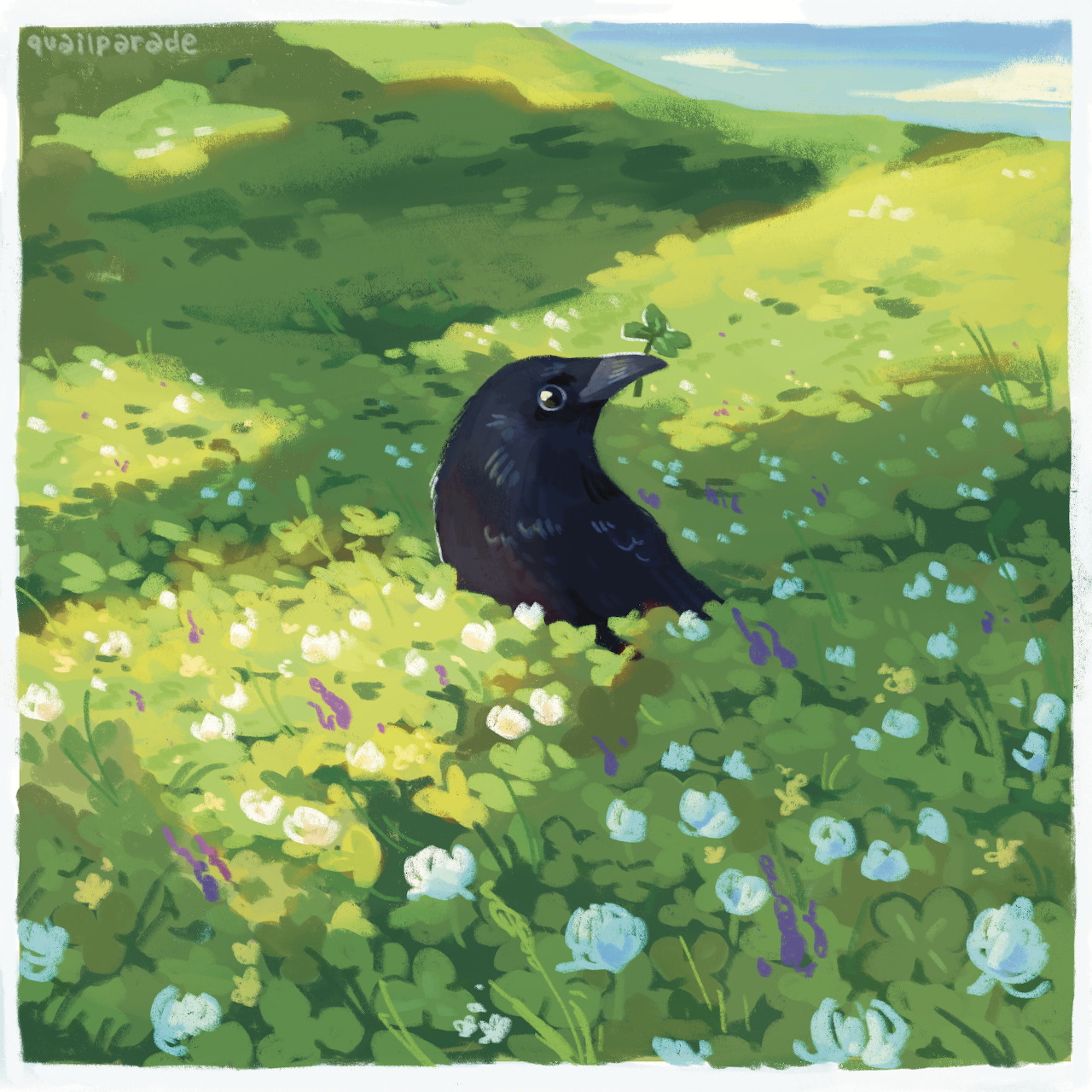Illustrated black bird in a sunny green flower meadow