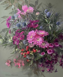 Painting of a lush bouquet with pink and purple flowers, blue thistles, and red berries